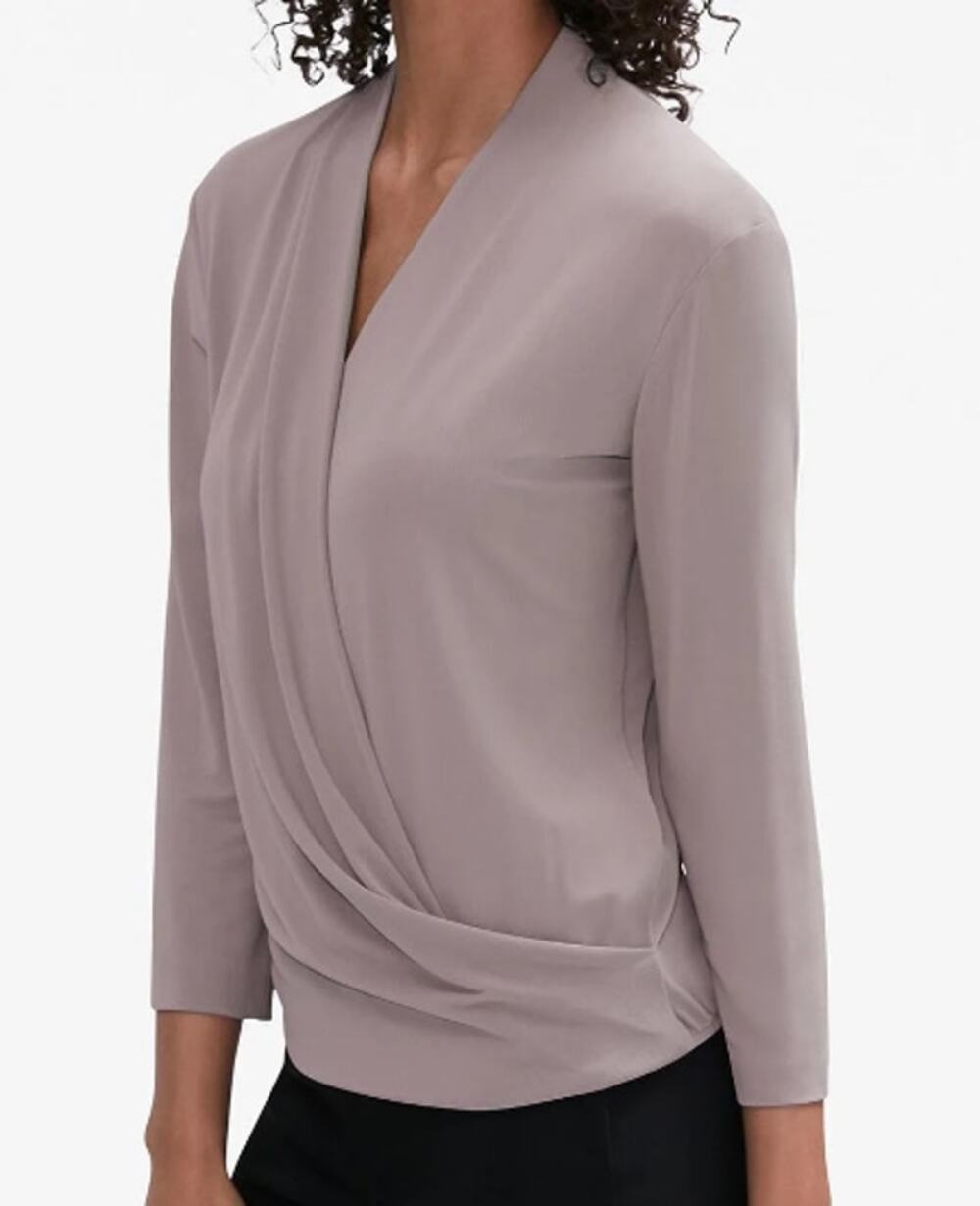 MM LaFleur Deneuve Top Women M Rain Cloud Gray Surplice Wrap Crepe Blouse